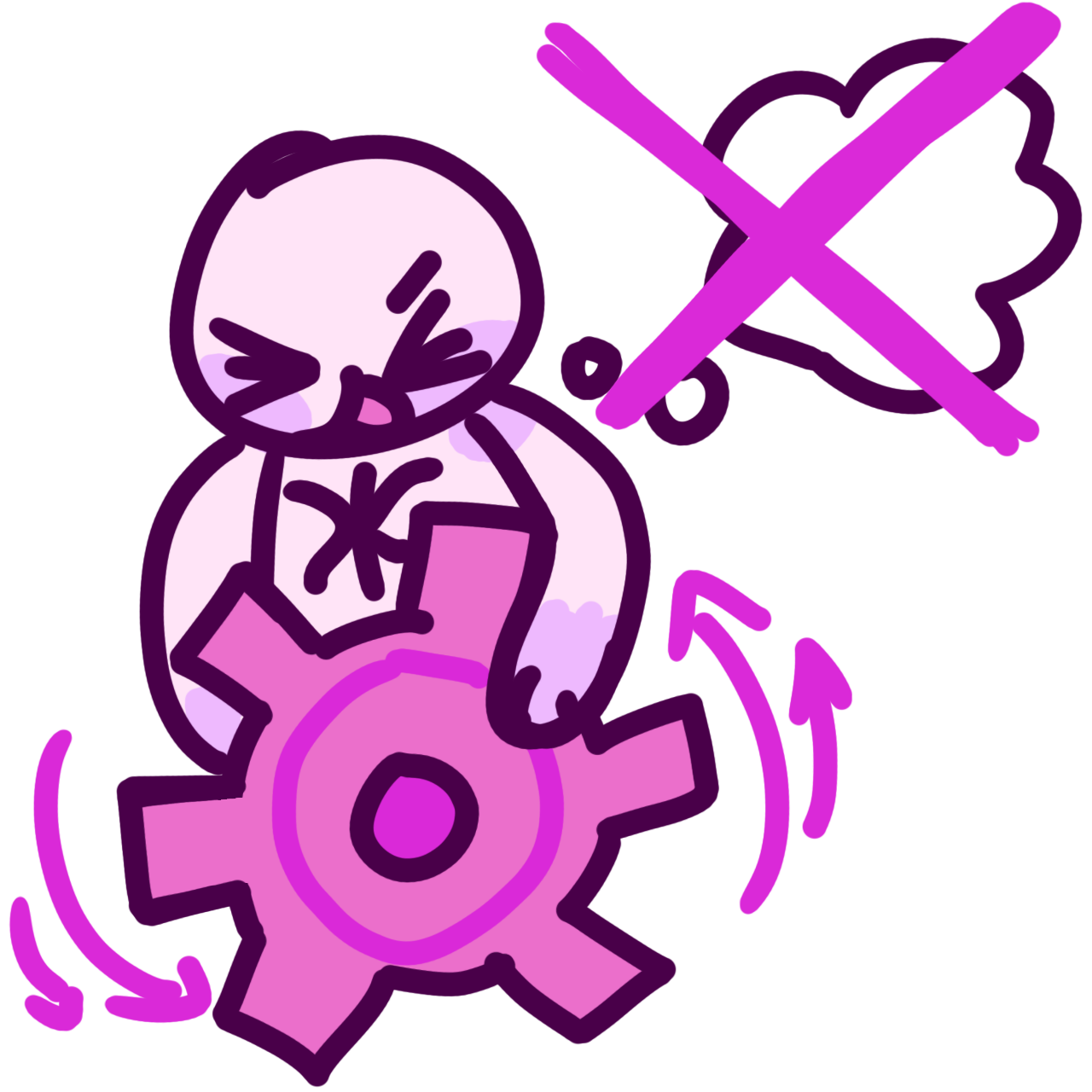 a person with the BPD symbol on their chest turning a pink cog. Next to them is a thought bubble that is crossed off with a red X, referring to the phrase doing without thinking